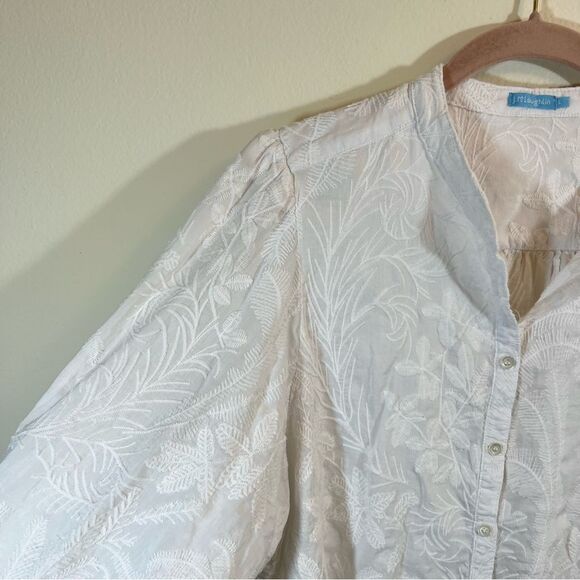 ✨ J. McLaughlin Floral Embroidered Cotton/Silk Blend Top Button Up Large White - Picture 4 of 12